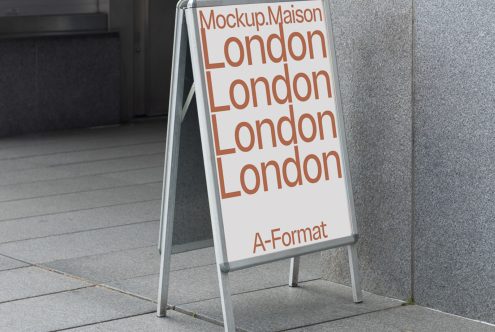 Sidewalk A-frame mockup displaying bold font design with the word "London" for graphic design and typography presentations.