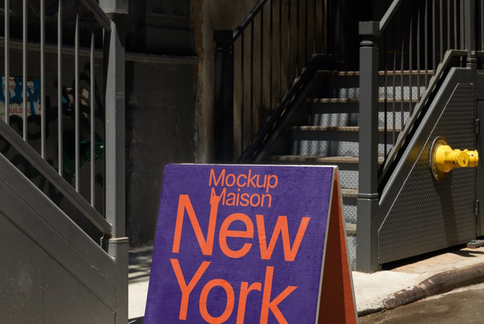 Street-level mockup sign with bold typography reading New York for urban design showcasing, placed beside metal stairs.