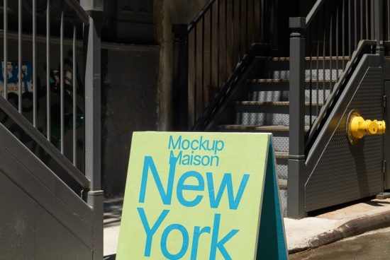 Urban street mockup with bold font design on a signboard, "Mockup Maison New York", placed near a staircase, perfect for designers' presentations.