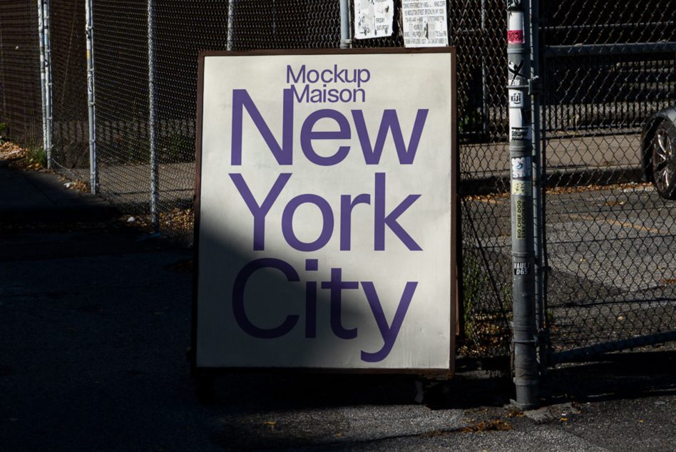 Off-white vertical sign mounted at chain-link fence displaying purple lettering