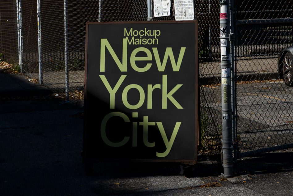 Dark rectangular signage at industrial fence with bright lime green typography