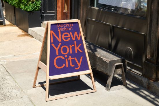 Sidewalk sandwich board sign mockup with bold typography reading New York City, perfect for graphic design presentations and urban marketing.