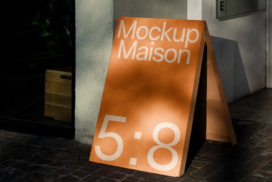 Outdoor signage mockup display on sidewalk for designers to showcase branding in a realistic setting, with natural lighting and shadows.