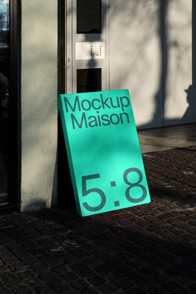 Sidewalk signage mockup with text 'Mockup Maison 5:8' on a teal A-frame signboard, shown in urban shadows, suitable for branding graphics.