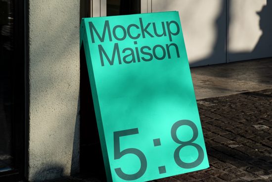 A-frame sign mockup on sidewalk with bold 'Mockup Maison' text, designer asset for storefront presentations, outdoor advertising mockups.
