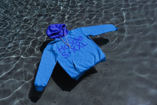 Blue hoodie mockup floating on water texture, realistic underwater clothing design presentation, fashion apparel template.