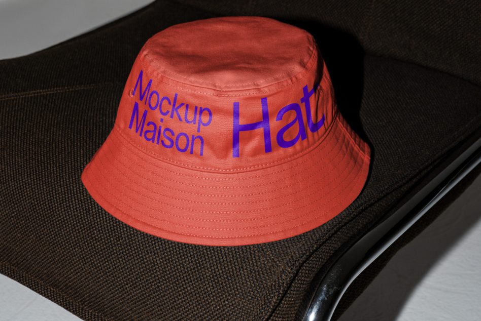 Rust red bucket hat with blue text displayed on chair mockup