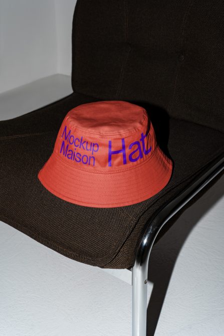 Coral bucket hat with blue text sitting on black chair mockup