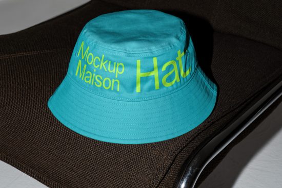 Turquoise bucket hat mockup with text design on chair for fashion accessories template designers.