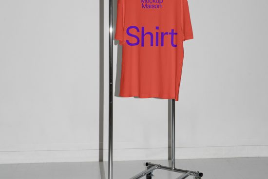 Red t-shirt mockup on metal stand against a white wall, ideal for fashion design presentation and e-commerce product display.