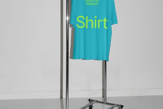 T-shirt mockup on hanger with blue fabric and bold yellow text design for apparel presentation, white background. Ideal for designers' graphic templates.