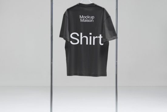 Black t-shirt mockup on hanger for fashion design, realistic clothing template, versatile graphic asset for designers.