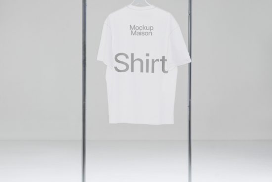 White t-shirt mockup hanging on metal stand with minimal background ideal for design presentation and apparel branding.