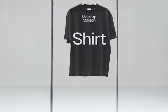 Black t-shirt mockup on hanger in a minimalist setting, ideal for showcasing apparel designs and logos for branding by designers.