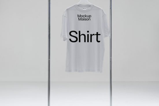 White t-shirt mockup on hanger in a neutral setting for design presentation, ideal for graphics and apparel designers.