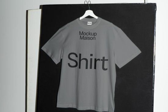 Gray t-shirt mockup on hanger against black backdrop, realistic design presentation, clothing mockup for graphic designers.