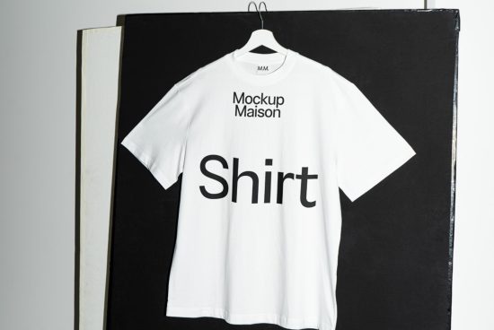 T-shirt mockup on hanger against black canvas, clean design for presentation, ideal for apparel designers, graphic display.