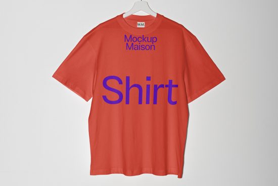 Red t-shirt mockup on hanger with blue text design, ideal for fashion apparel presentations and branding projects.