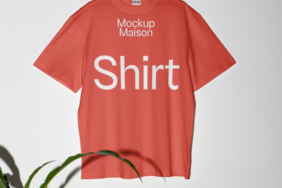 Alt: Red t-shirt mockup with white text design hanging against a plain background with plant shadow, ideal for apparel design presentations.
