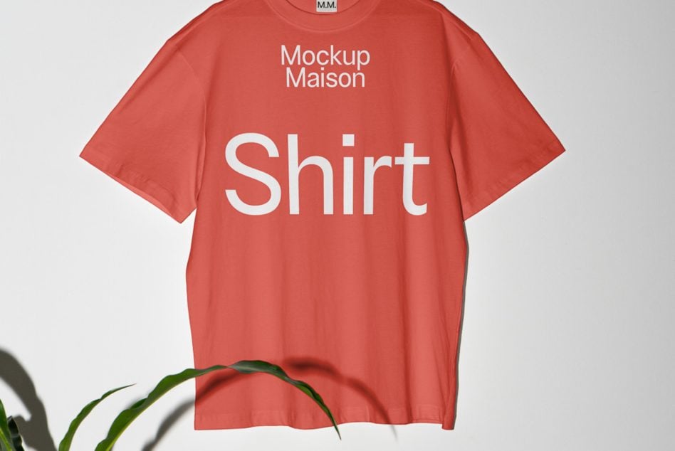 Coral tee flat lay on black background with white typography