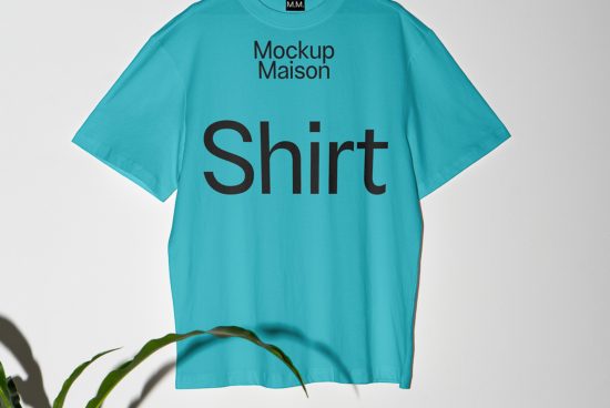Turquoise t-shirt mockup with typographic design, hanging against a white background with plant shadow detail. Ideal for apparel design presentation.