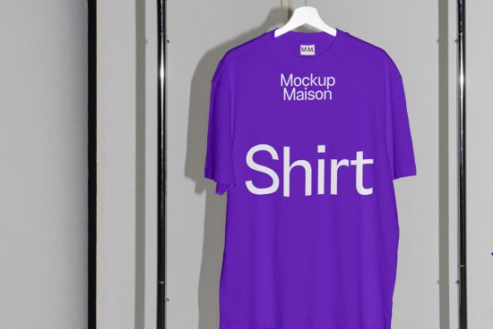 Purple t-shirt mockup on hanger against gray wall for fashion design presentation, ideal for designers showcasing apparel graphics.