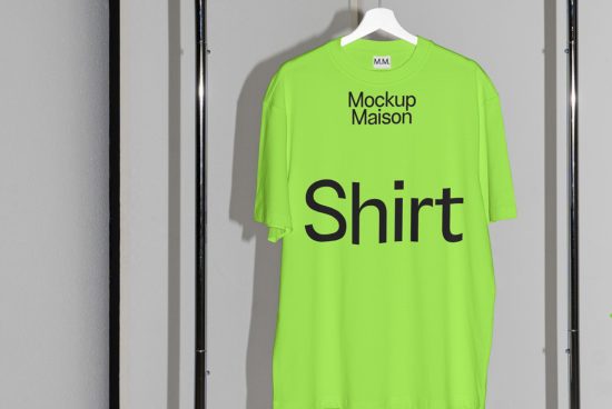 Bright green t-shirt mockup on white hanger against neutral wall, clear for design presentation, editable template, apparel display.