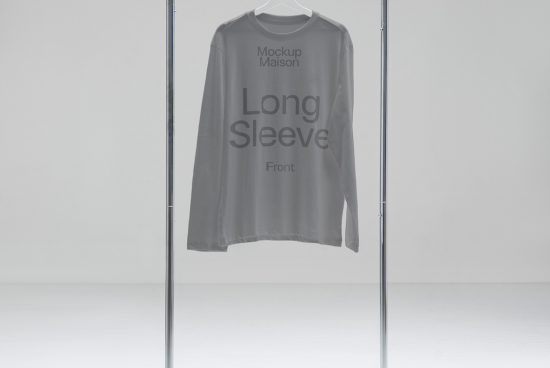 Minimal long sleeve shirt mockup on hanger in a neutral setting, ideal for showcasing apparel designs and patterns for fashion designers.