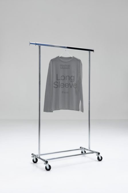 Long sleeve t-shirt mockup on hanger and garment rack, clean design, realistic texture, for apparel presentation, graphic designers.