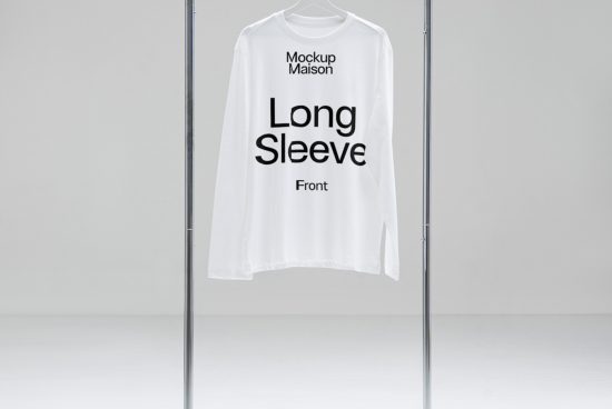 White long sleeve t-shirt mockup hanging on metal rack in a neutral studio setting ideal for apparel design presentations.