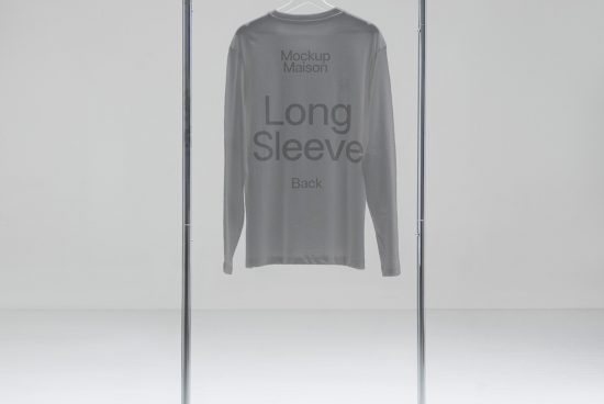 Long sleeve t-shirt mockup on hanger in neutral setting, showing back design, clear for product presentation and graphic design display.