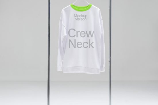 White crew neck sweatshirt mockup hanging on rack with minimalist background, ideal for showcasing apparel designs and branding.
