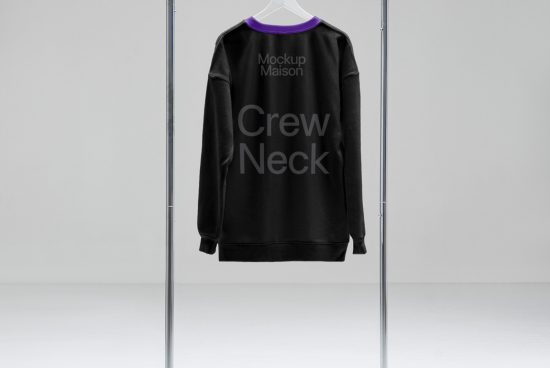Black crew neck sweatshirt mockup hanging on metal stand against a white backdrop, clear design presentation, apparel mockup.