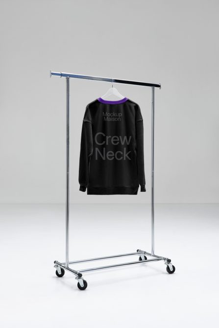 Black crew neck sweatshirt on hanger rack mockup against a grey background, modern and clean design for apparel presentation.