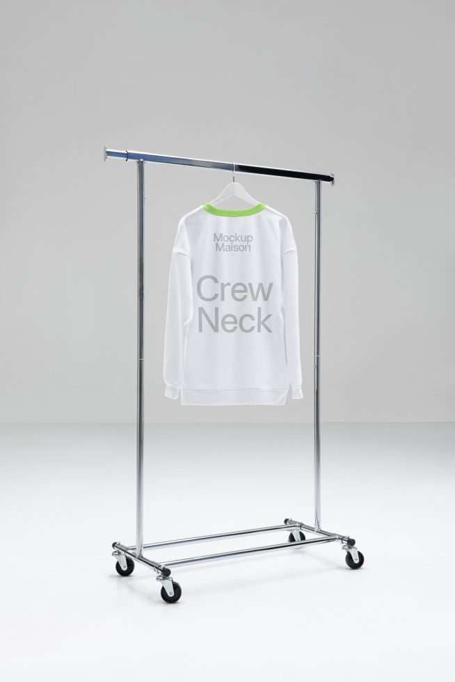 White crew neck sweatshirt on a metal hanger rack, clothing mockup, clean design, apparel presentation, digital asset for designers.