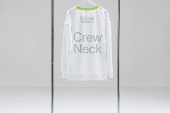 White crew neck sweatshirt mockup on hanger with neutral background for apparel design presentation.