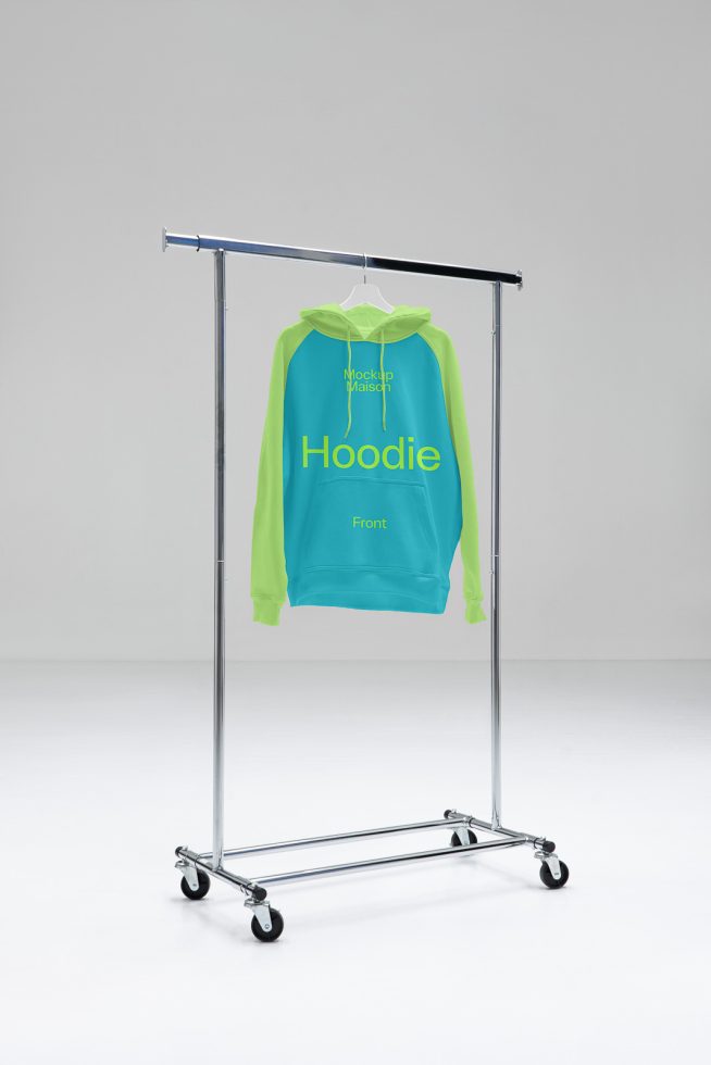 Bright aqua green hoodie on hanger with front print, isolated on white, for apparel mockup graphics design.