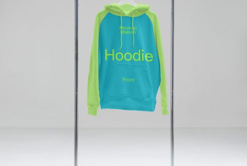 Bright cyan and lime hoodie mockup on hanger in a neutral background, perfect for showcasing apparel designs and patterns for graphic designers.