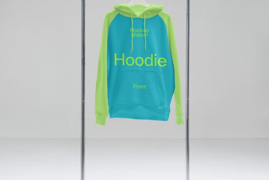 Bright cyan and lime hoodie mockup on hanger in a neutral background, perfect for showcasing apparel designs and patterns for graphic designers.