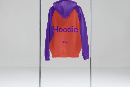 Purple and red hoodie mockup hanging on clear stand in a neutral background, ideal for showcasing apparel designs.