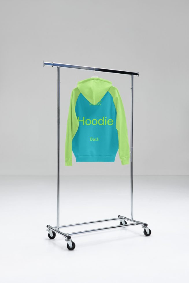 Hoodie apparel mockup on metal hanger, modern clothing design display, graphic templates, fashion mockups, digital asset for designers.