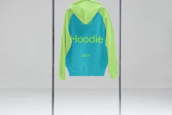 Rear view of a turquoise and lime green color-blocked hoodie mockup on hanger for apparel design display.