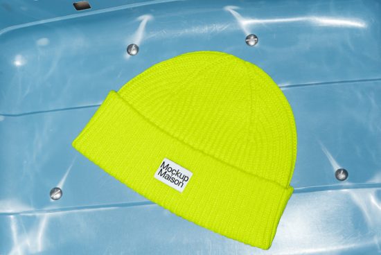 Bright yellow knitted beanie hat mockup on blue chair, high-resolution apparel design, fashion accessory presentation.