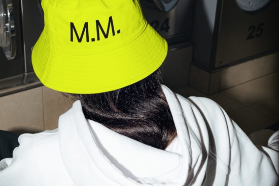 Person wearing bright yellow cap with initials M.M. in a laundromat setting, perfect for fashion mockups and urban style graphics.