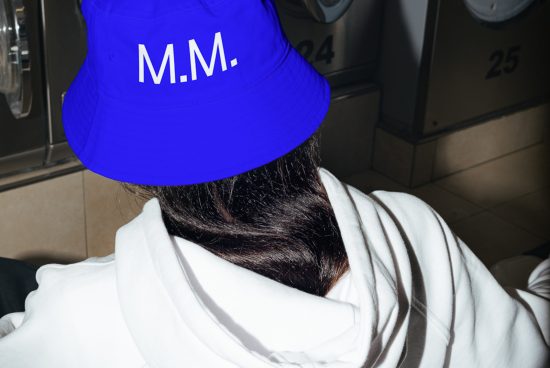 Rear view of person wearing blue cap with initials M.M., suitable for mockup designs, sitting in front of lockers, showing text placement on headwear.