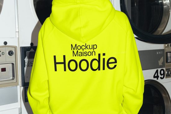 Bright neon yellow hoodie mockup with bold text design, positioned against laundromat machines for urban clothing presentations.