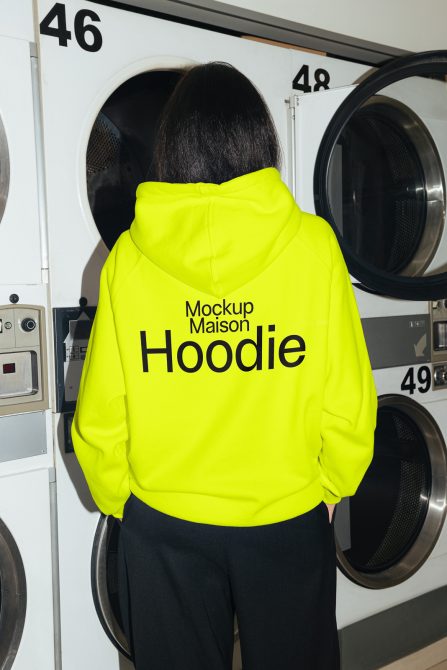 Bright yellow hoodie mockup on a female model standing in a laundromat, ideal for fashion design display for apparel mockups.