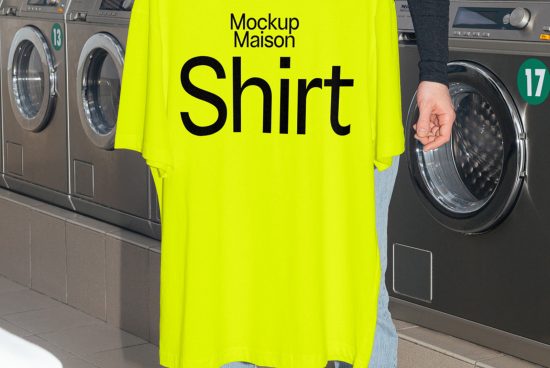 Bright yellow t-shirt mockup with bold mockup text displayed in a laundromat setting, held by a person, perfect for clothing design presentation.