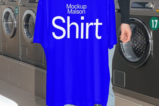 Blue t-shirt mockup held by person in laundromat, realistic clothing design presentation, textile graphic showcase.