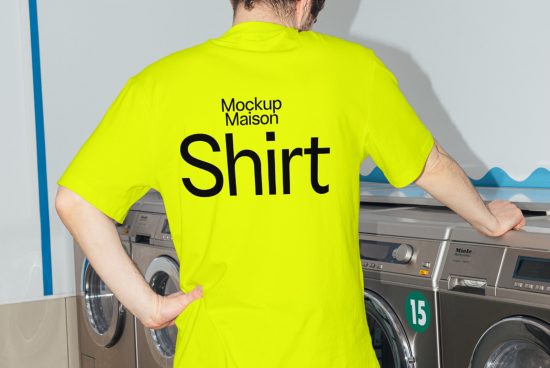 Bright yellow t-shirt mockup on man in laundromat for clothing design showcasing, apparel presentation, and fashion graphics.